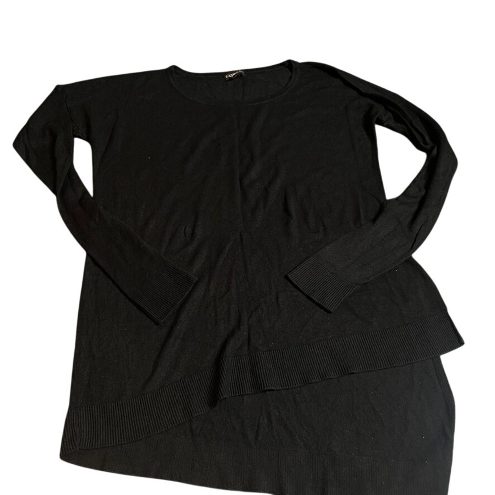 EXPRESS‎ Black Asymmetrical Hem Long Sleeve Sweater Top M Rayon Crew Neck Tunic